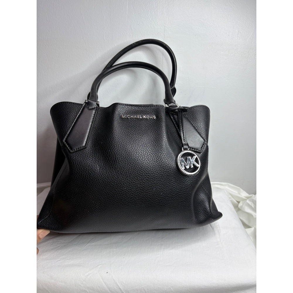 Michael Kors Black Pebbled Leather Tote Handbag Silver Hardware